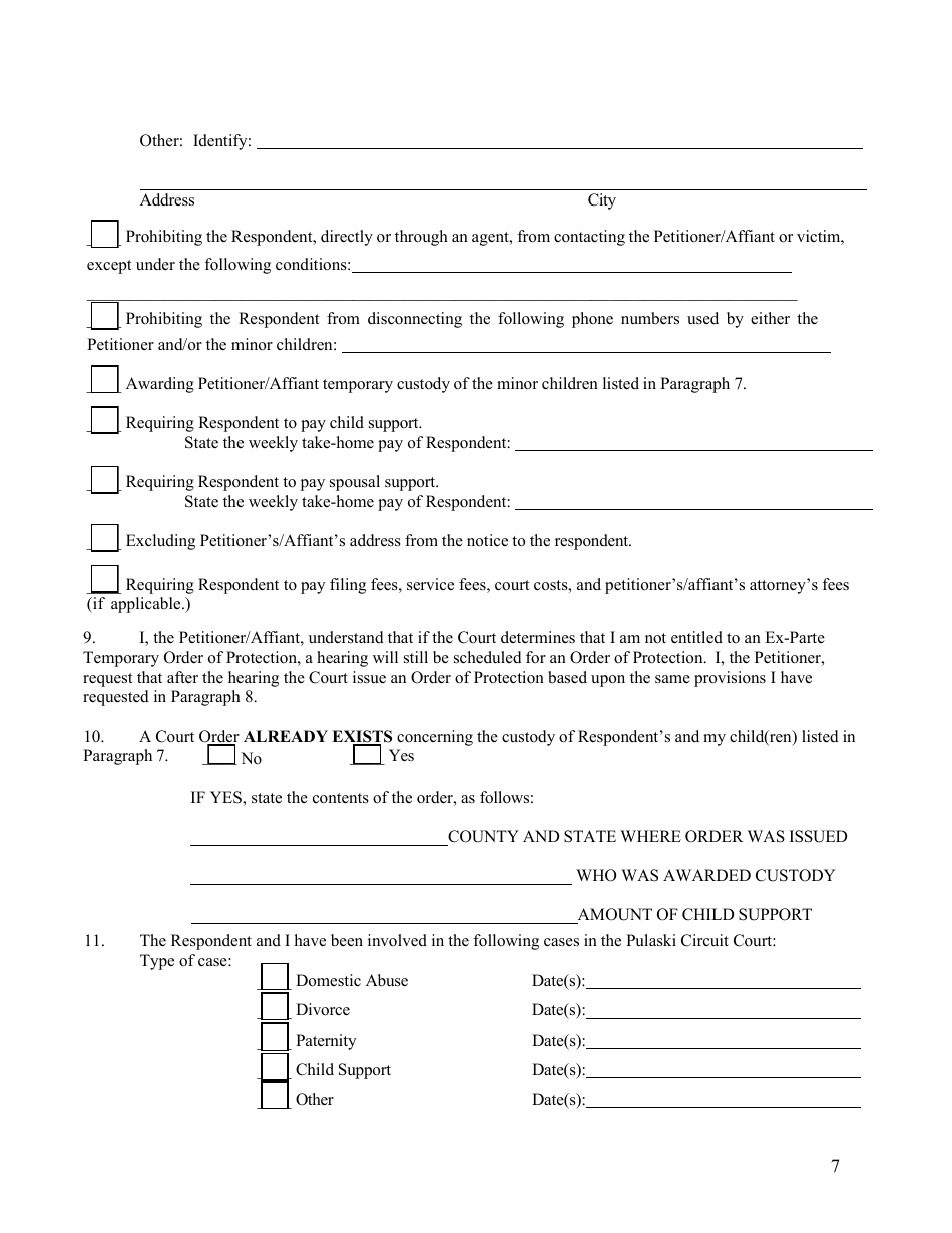 Petition and Affidavit for an Order of Protection - Arkansas, Page 7