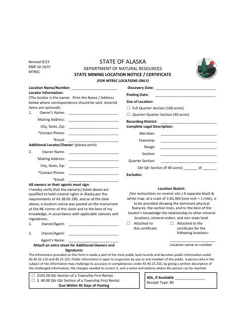 Form DNR10-162V State Mining Location Notice/Certificate (For Mtrsc Locations Only) - Alaska