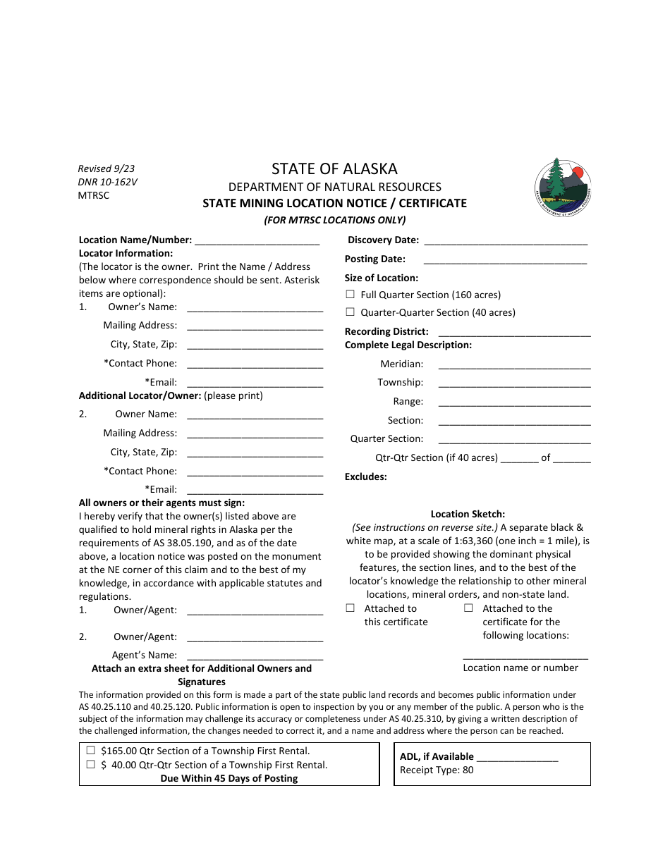 Form DNR10-162V State Mining Location Notice / Certificate (For Mtrsc Locations Only) - Alaska, Page 1