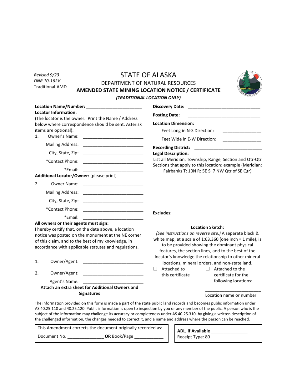 Form DNR10-162V Amended State Mining Location Notice / Certificate (Traditional Location Only) - Alaska, Page 1
