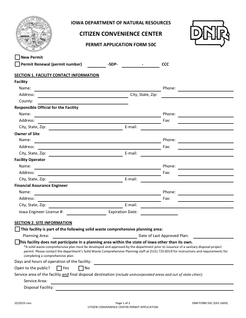 DNR Form 50C (542-1604) Citizen Convenience Center Permit Application - Iowa