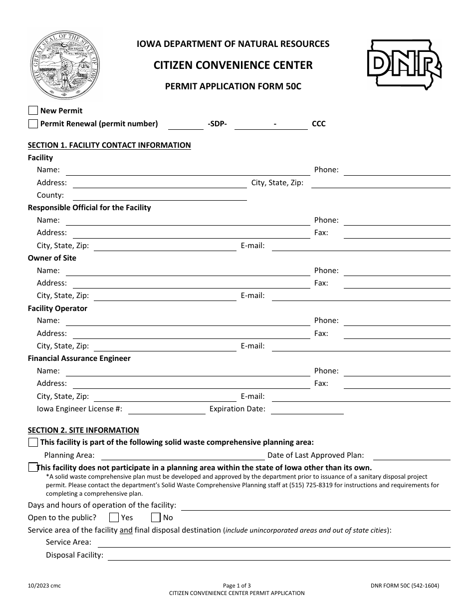 DNR Form 50C (542-1604) Citizen Convenience Center Permit Application - Iowa, Page 1