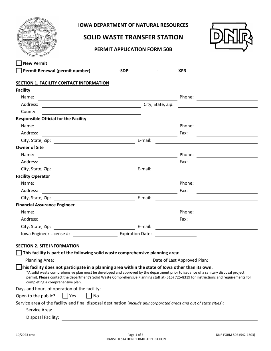 DNR Form 50B (542-1603) Solid Waste Transfer Station Permit Application - Iowa, Page 1