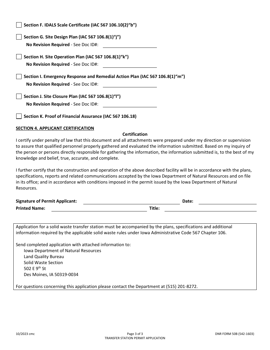 DNR Form 50B (542-1603) Solid Waste Transfer Station Permit Application - Iowa, Page 3