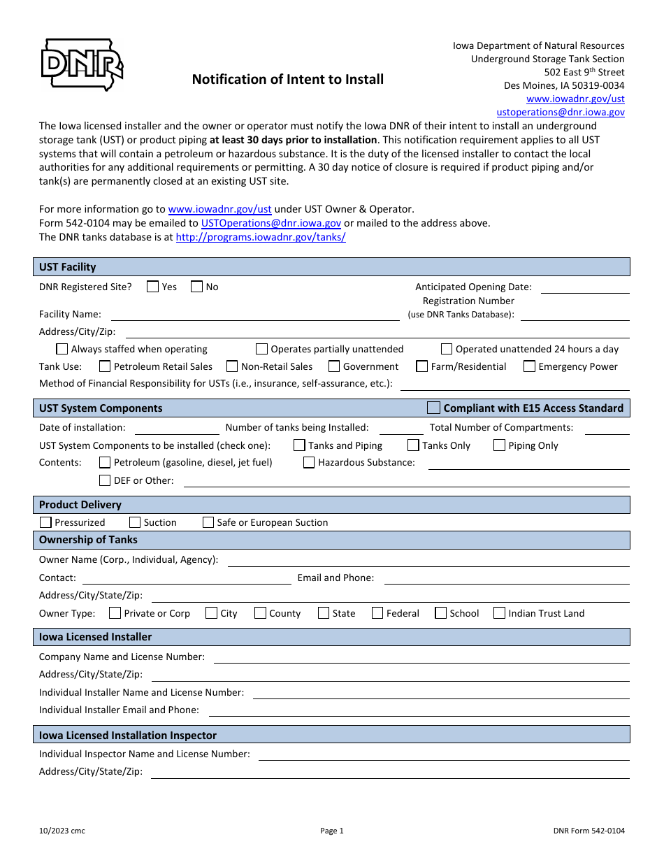 DNR Form 542-0104 Notification of Intent to Install - Iowa, Page 1