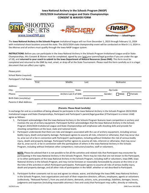 DNR Form 542-0638 Invitational League and State Championships Consent & Waiver Form - Iowa National Archery in the Schools Program (Nasp) - Iowa, 2024
