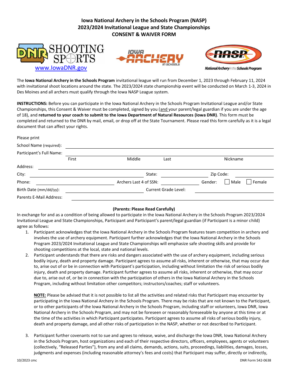 DNR Form 542-0638 Invitational League and State Championships Consent  Waiver Form - Iowa National Archery in the Schools Program (Nasp) - Iowa, Page 1