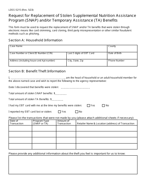 Form LDSS-5215 Request for Replacement of Stolen Supplemental Nutrition Assistance Program (Snap) and/or Temporary Assistance (Ta) Benefits - New York