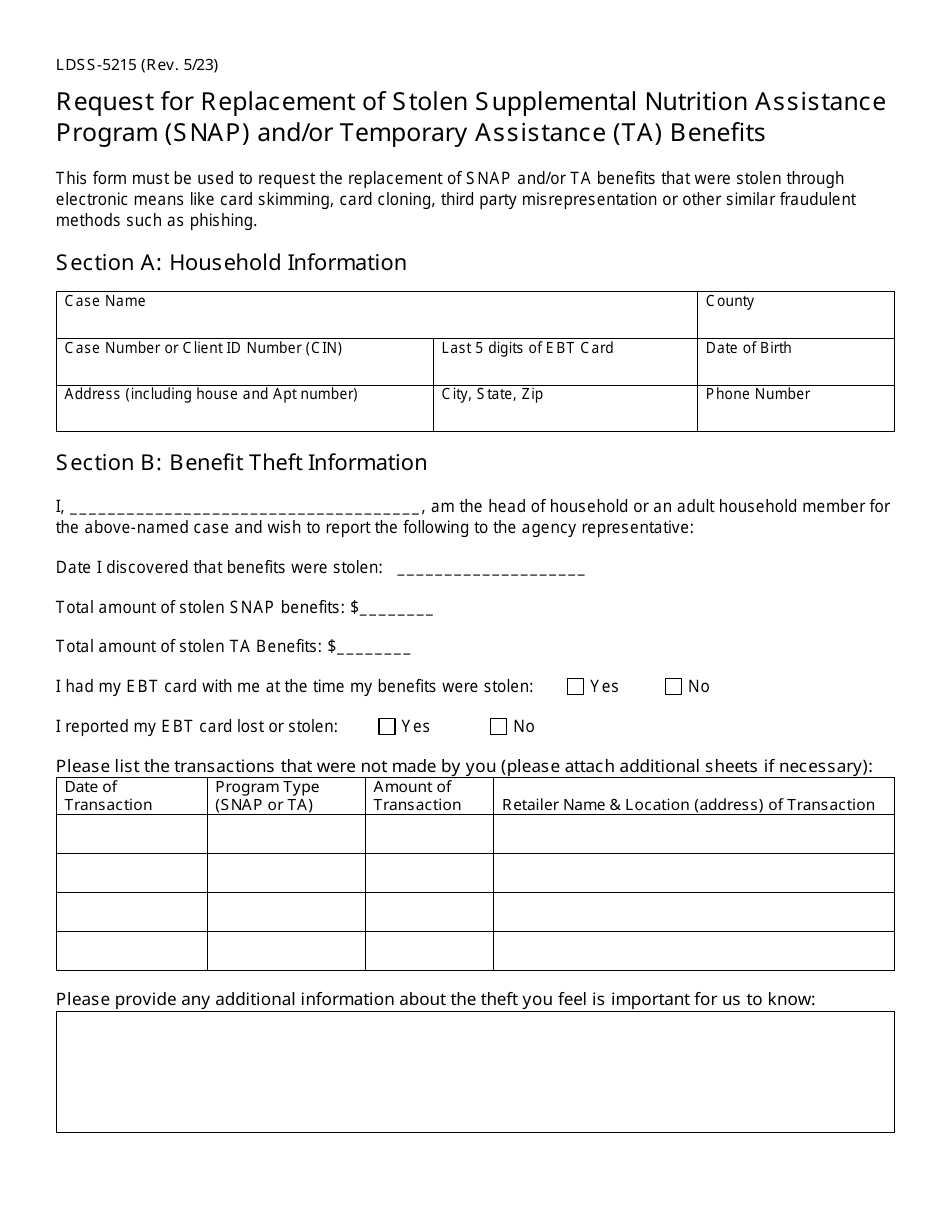 Form LDSS-5215 Request for Replacement of Stolen Supplemental Nutrition Assistance Program (Snap) and / or Temporary Assistance (Ta) Benefits - New York, Page 1