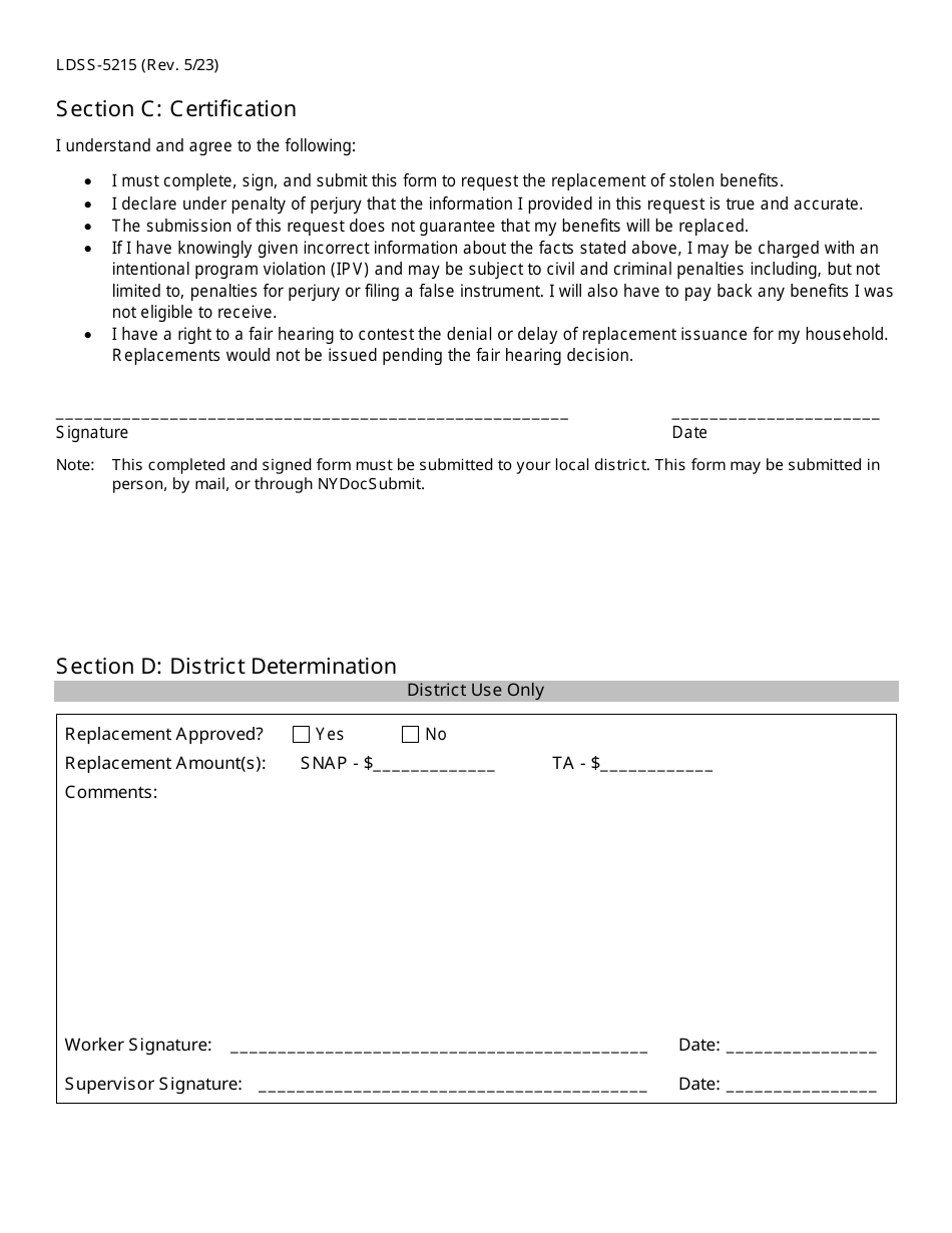 Form LDSS-5215 Request for Replacement of Stolen Supplemental Nutrition Assistance Program (Snap) and / or Temporary Assistance (Ta) Benefits - New York, Page 2