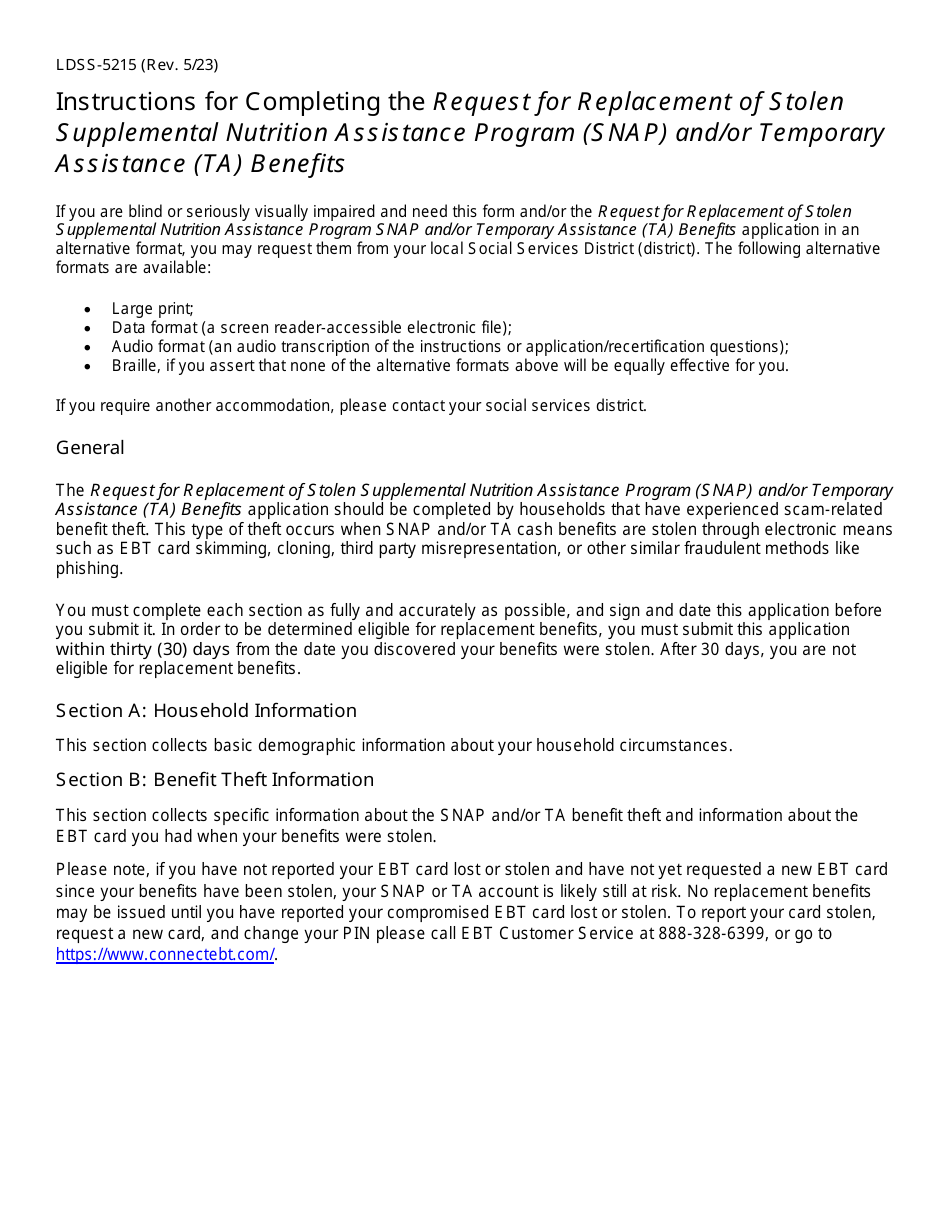 Form LDSS-5215 Request for Replacement of Stolen Supplemental Nutrition Assistance Program (Snap) and / or Temporary Assistance (Ta) Benefits - New York, Page 3