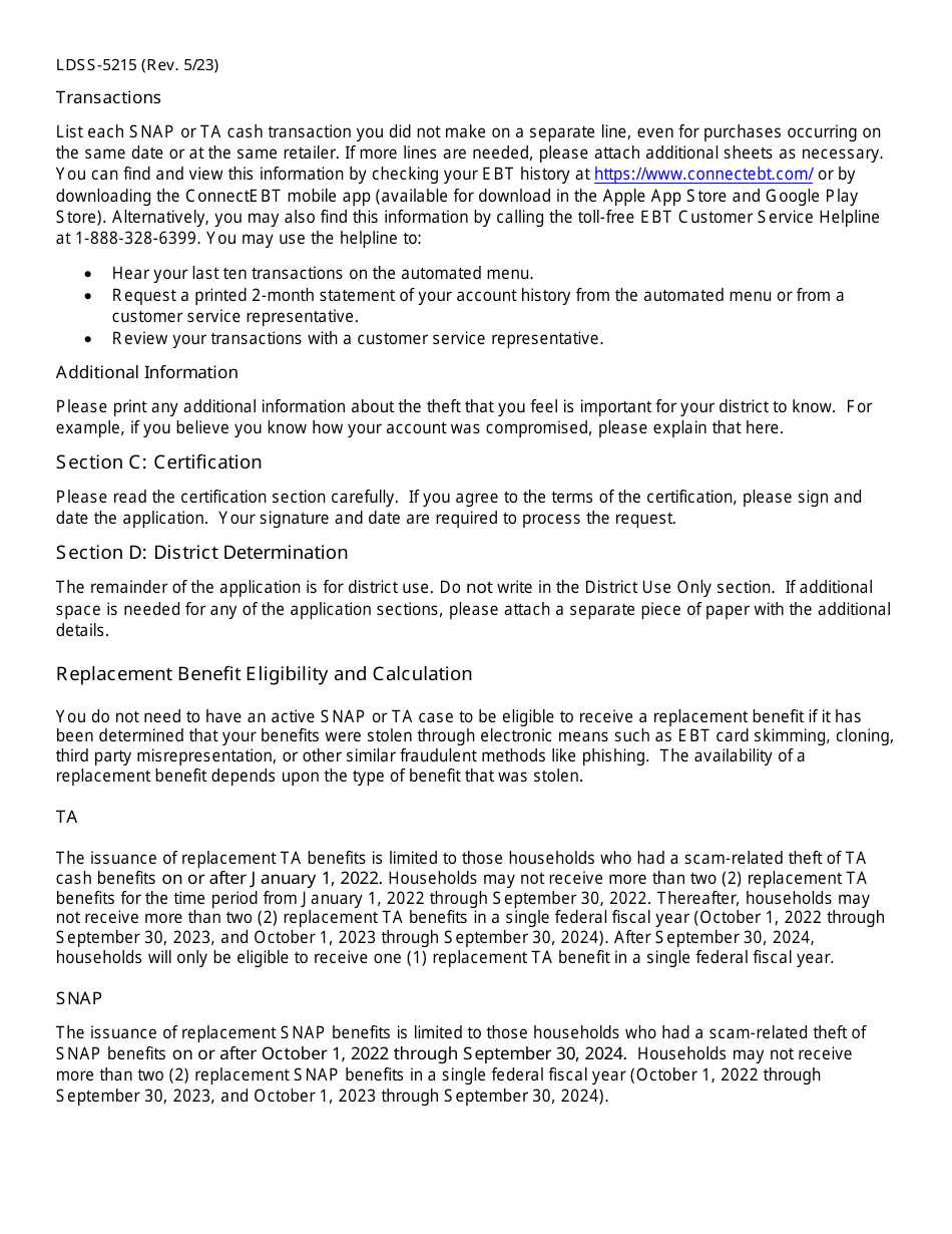 Form LDSS-5215 Request for Replacement of Stolen Supplemental Nutrition Assistance Program (Snap) and / or Temporary Assistance (Ta) Benefits - New York, Page 4
