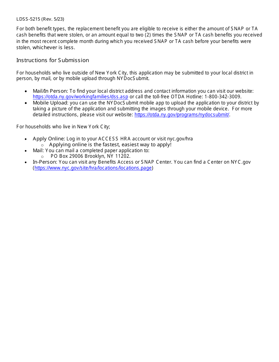 Form LDSS-5215 Request for Replacement of Stolen Supplemental Nutrition Assistance Program (Snap) and / or Temporary Assistance (Ta) Benefits - New York, Page 5