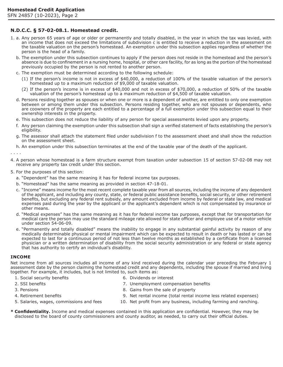Form SFN24757 Homestead Credit Application for Senior Citizens  Disabled Persons - North Dakota, Page 2