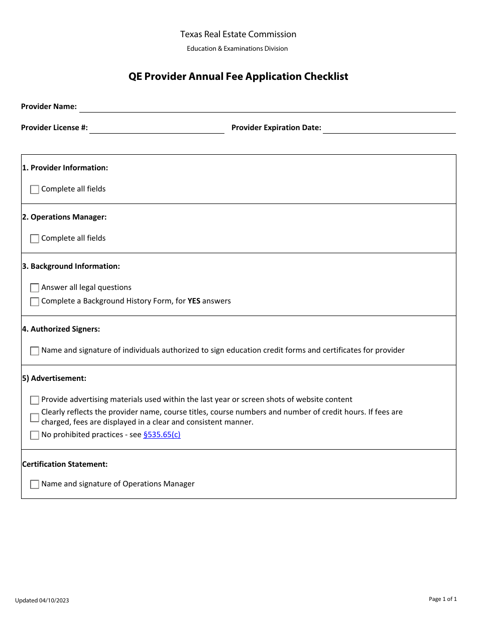 Qe Provider Annual Fee Application Checklist - Texas, Page 1