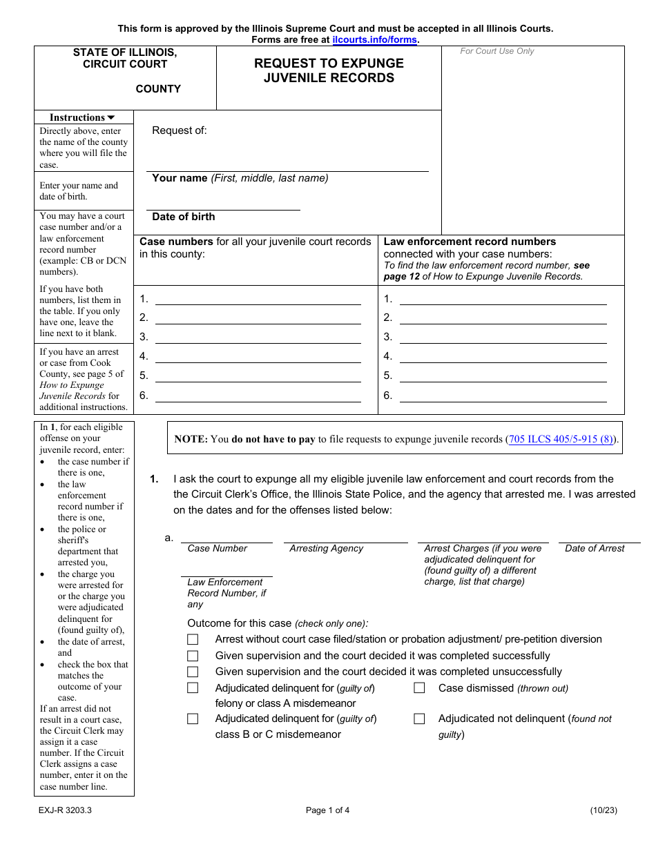 Form EXJ-R3203.3 Request to Expunge Juvenile Records - Illinois, Page 1