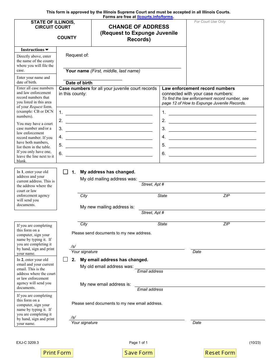 Form EXJ-C3209.3 Change of Address (Request to Expunge Juvenile Records) - Illinois, Page 1