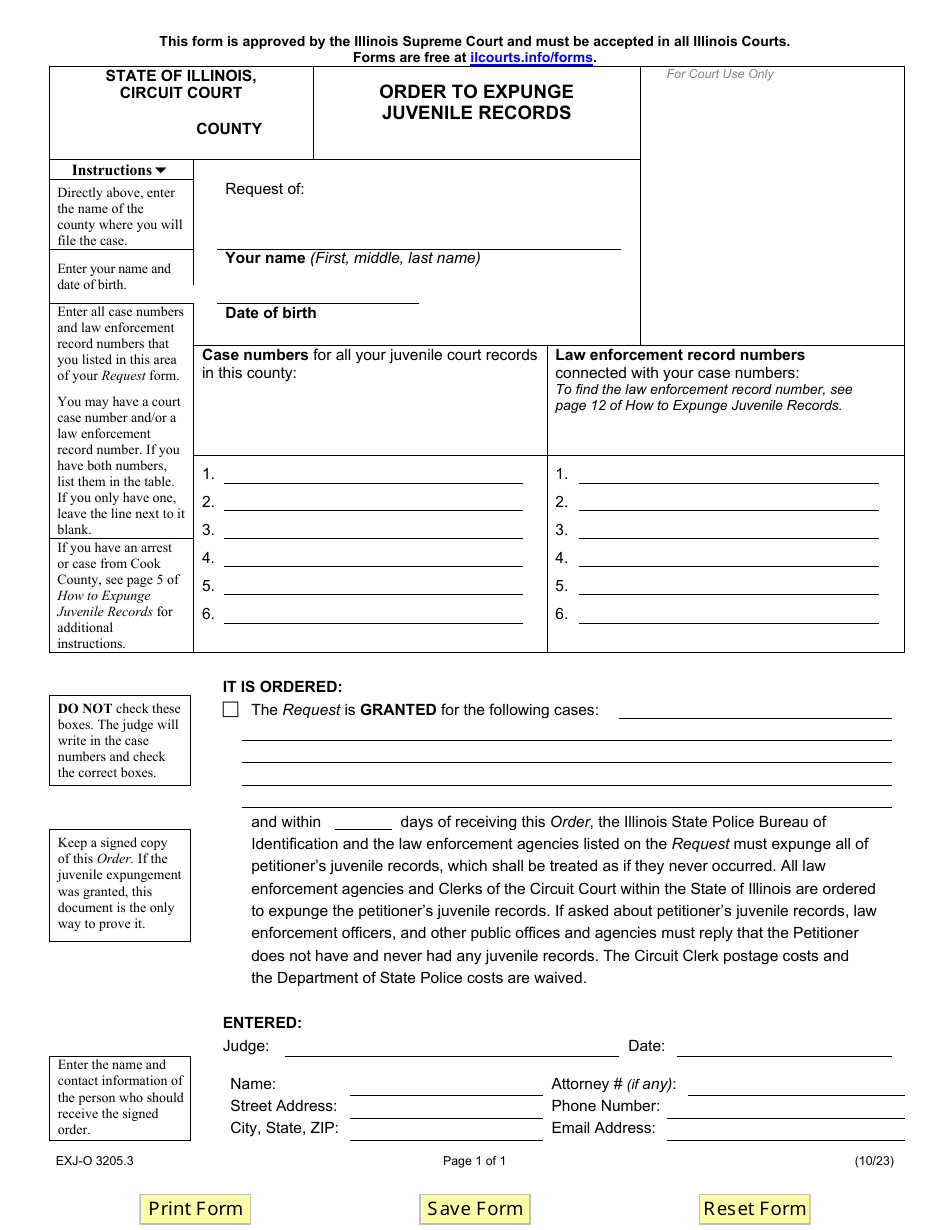 Form EXJ-O3205.3 Order to Expunge Juvenile Records - Illinois, Page 1