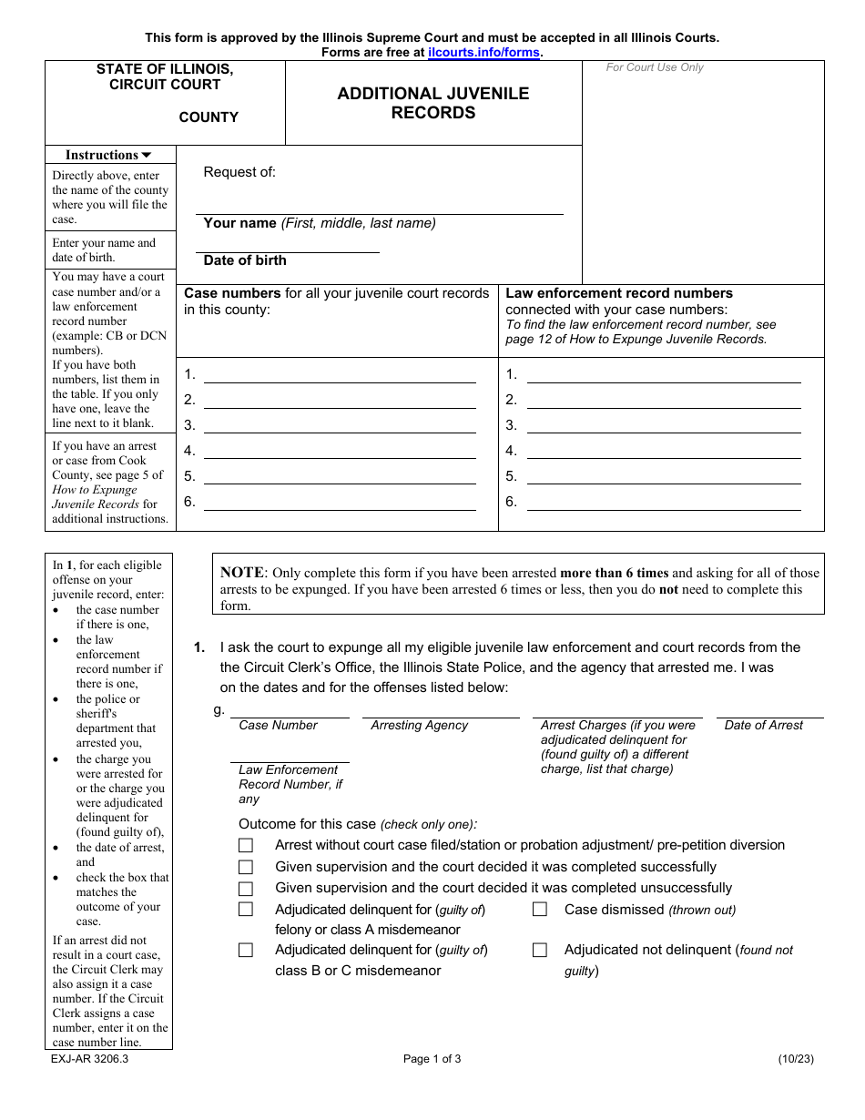Form EXJ-AR3206.3 Additional Juvenile Records - Illinois, Page 1