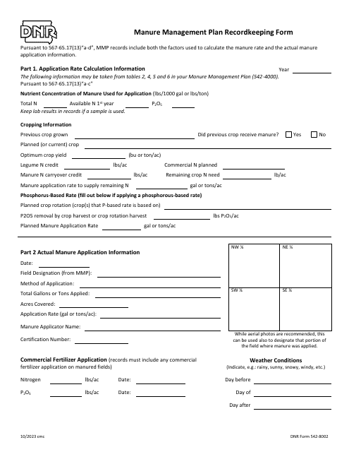 DNR Form 542-8002 Manure Management Plan Recordkeeping Form - Iowa