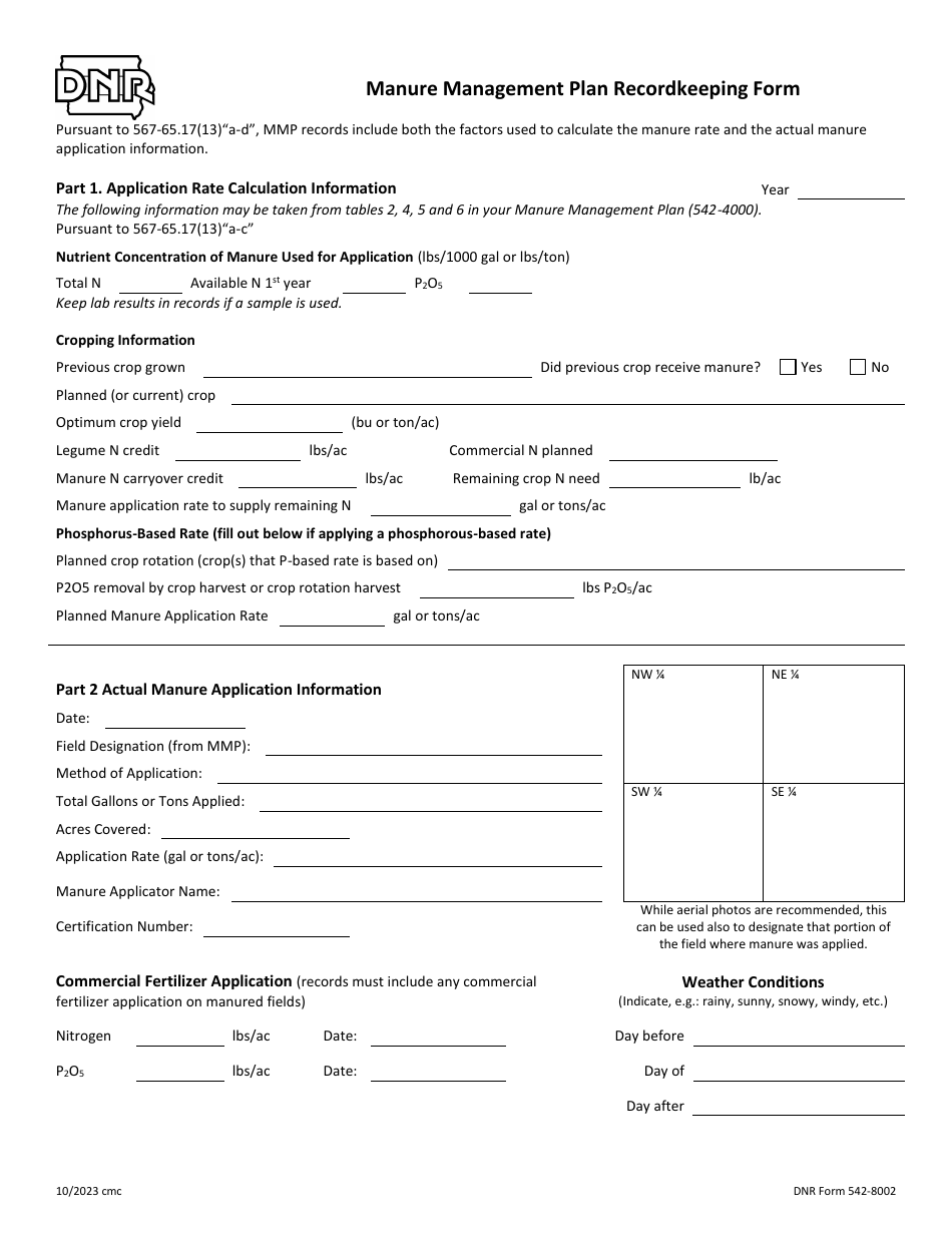 DNR Form 542-8002 Manure Management Plan Recordkeeping Form - Iowa, Page 1
