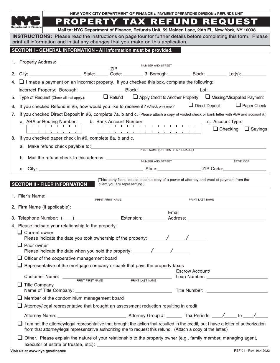 Form REF-01 Property Tax Refund Request - New York City, Page 1