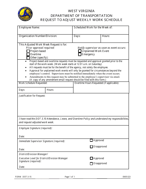 Form DOT3-15 Request to Adjust Weekly Work Schedule - West Virginia