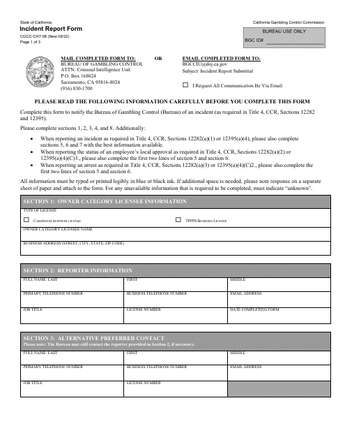 Form CGCC-CH7-08 Incident Report Form - California
