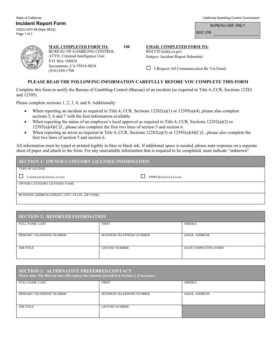Form CGCC-CH7-08 Incident Report Form - California, Page 1