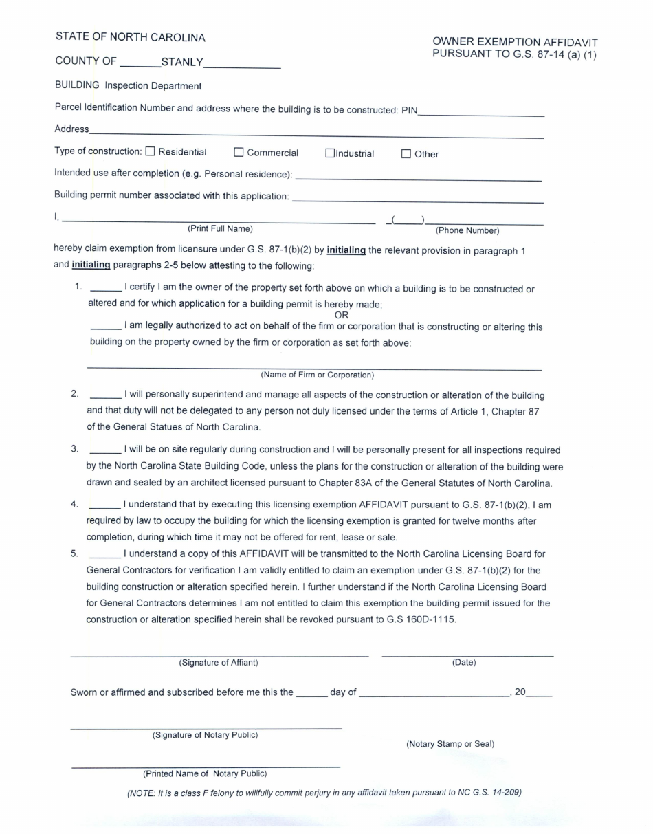 Stanly County, North Carolina Home Owner Exemption Affidavit - Fill Out ...