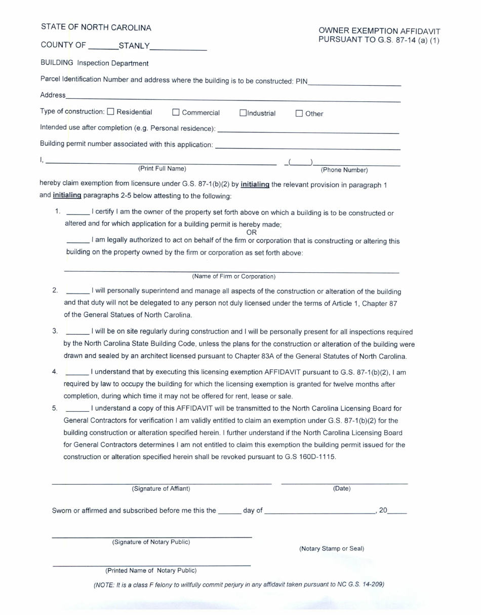 Home Owner Exemption Affidavit - Stanly County, North Carolina, Page 1