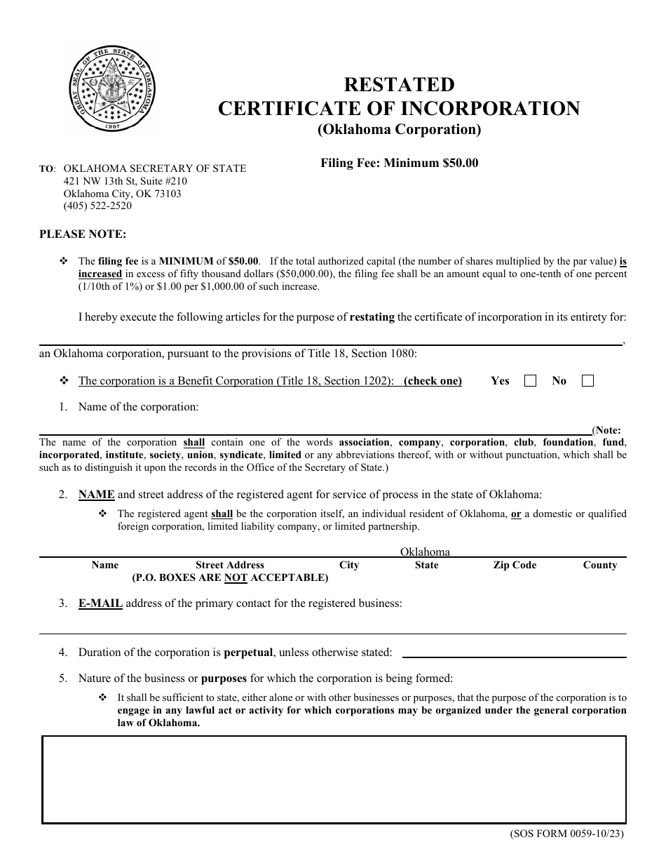 SOS Form 0059 Restated Certificate of Incorporation (Oklahoma Corporation) - Oklahoma, Page 1