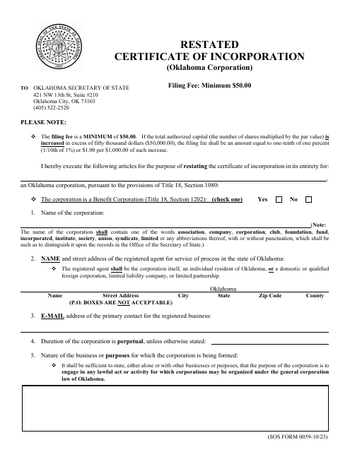 SOS Form 0059 Restated Certificate of Incorporation (Oklahoma Corporation) - Oklahoma