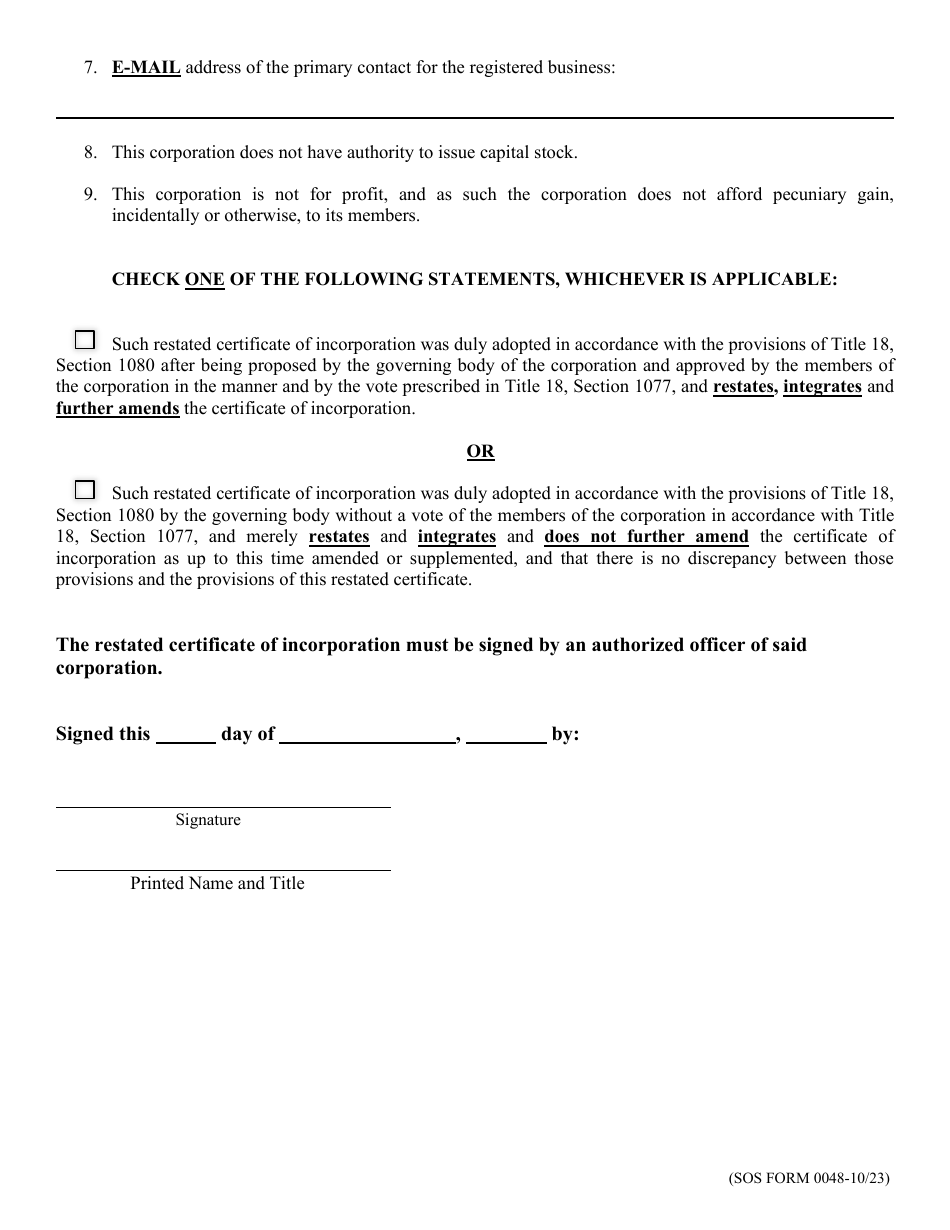 SOS Form 0048 Download Fillable PDF or Fill Online Restated Certificate ...