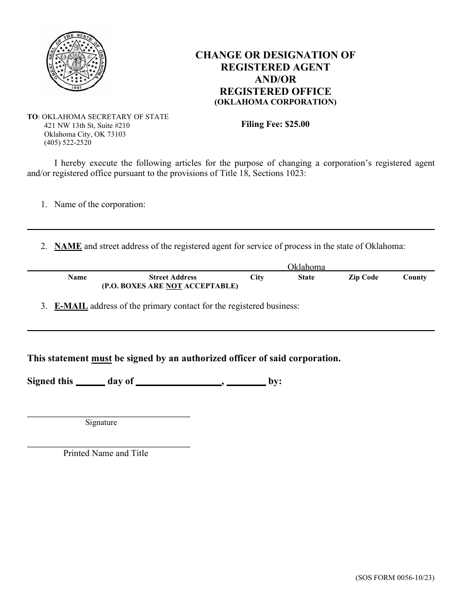 SOS Form 0056 Change or Designation of Registered Agent and / or Registered Office (Oklahoma Corporation) - Oklahoma, Page 1