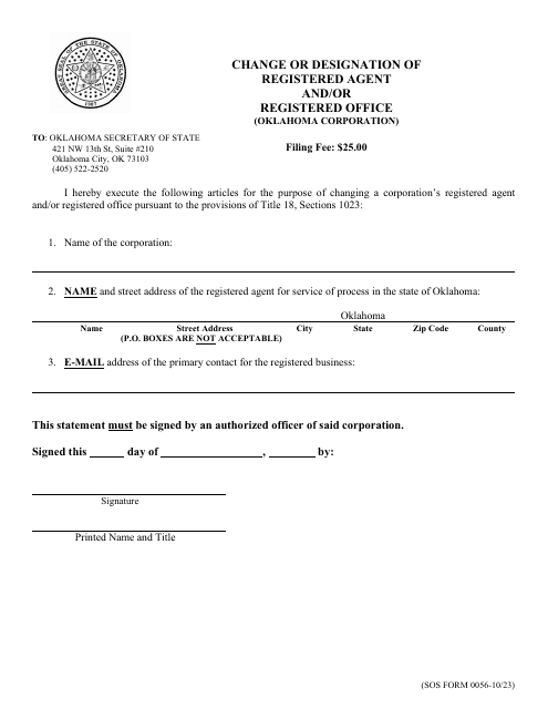 SOS Form 0056 Change or Designation of Registered Agent and/or Registered Office (Oklahoma Corporation) - Oklahoma