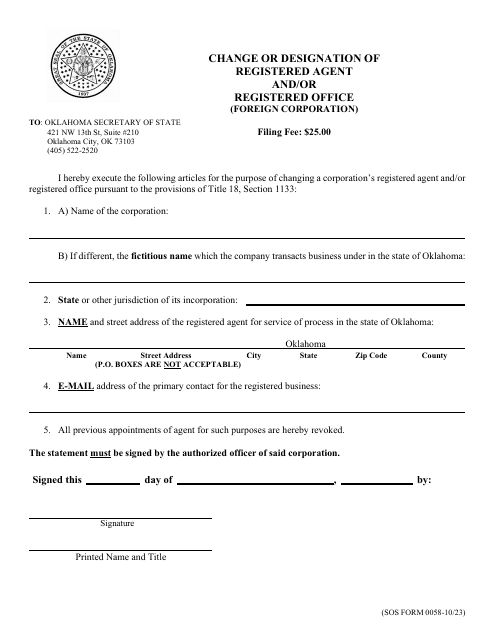 SOS Form 0058 Change or Designation of Registered Agent and/or Registered Office (Foreign Corporation) - Oklahoma