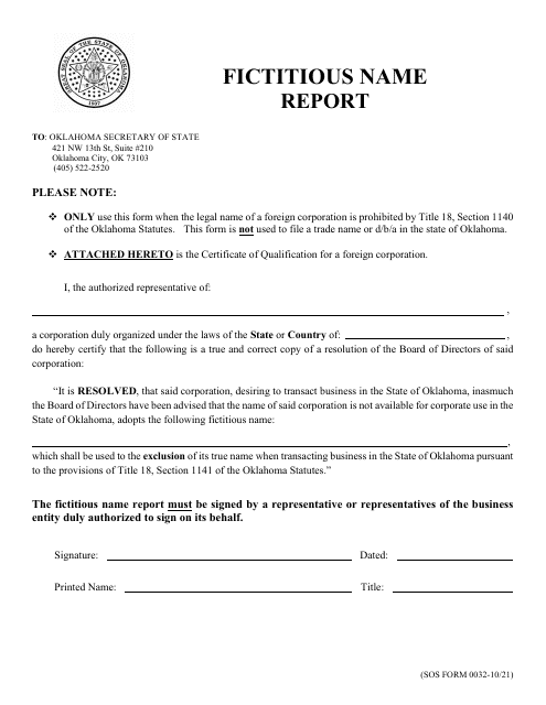 SOS Form 0032 Fictitious Name Report - Oklahoma