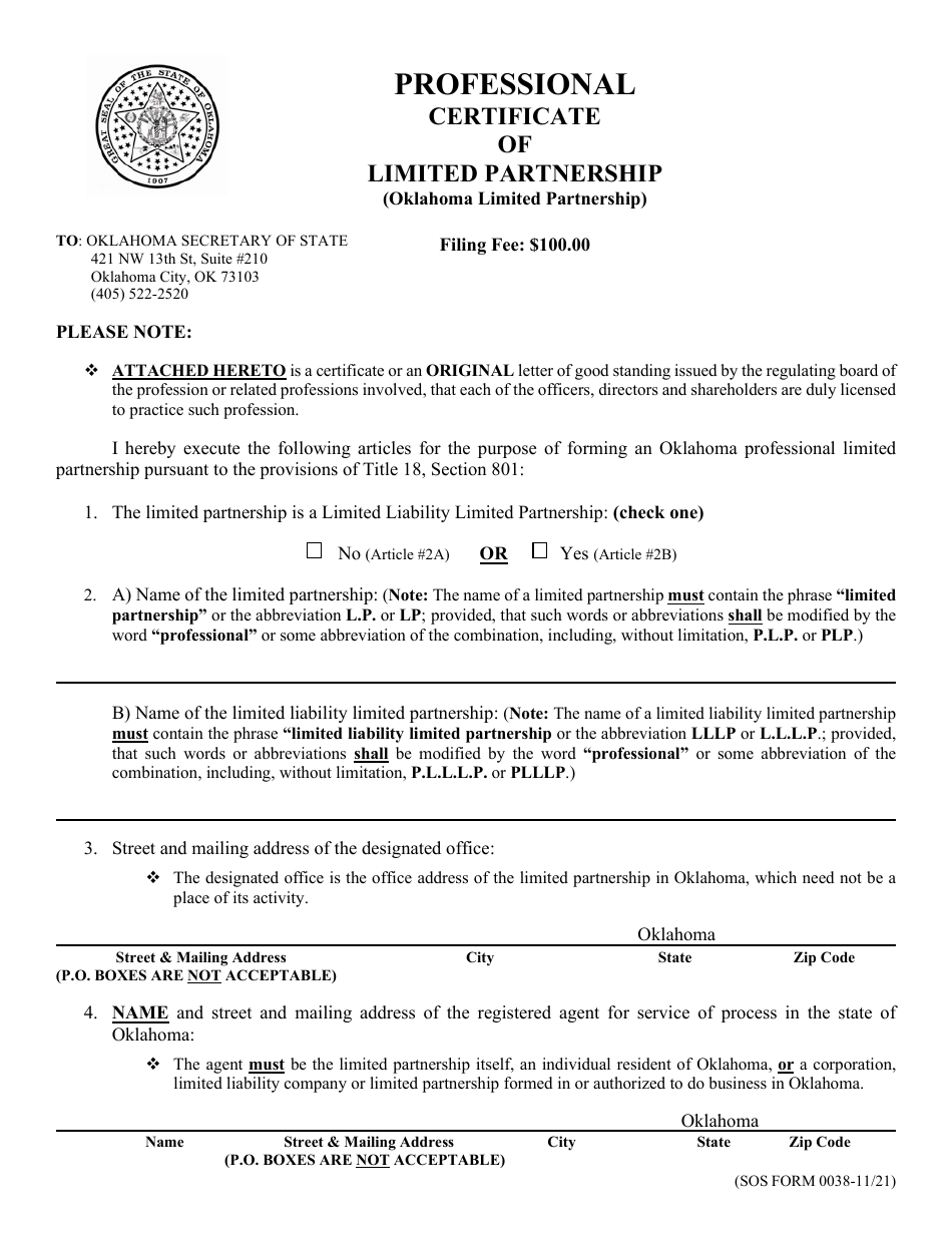 SOS Form 0038 Professional Certificate of Limited Partnership (Oklahoma Limited Partnership) - Oklahoma, Page 1