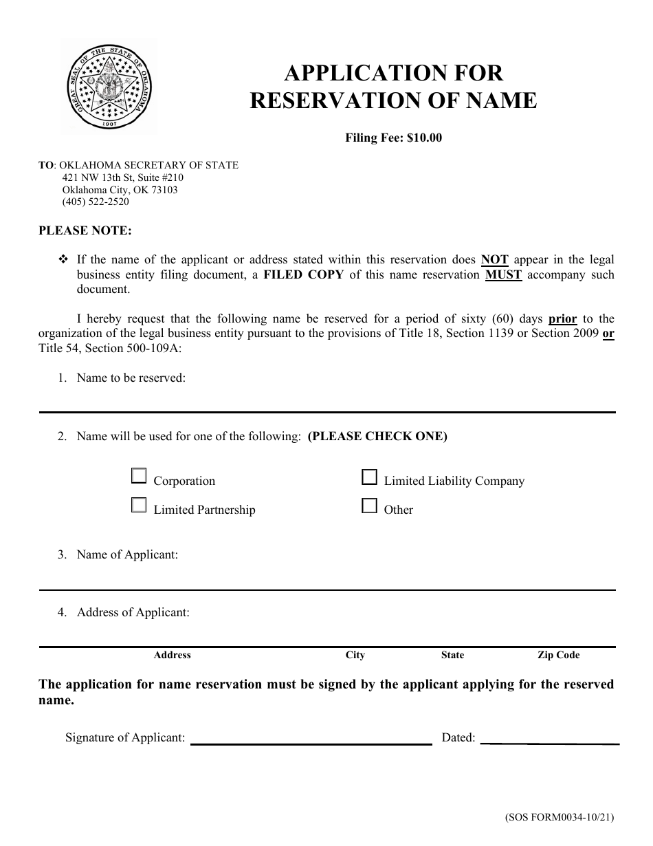 SOS Form 0034 Application for Reservation of Name - Oklahoma, Page 1