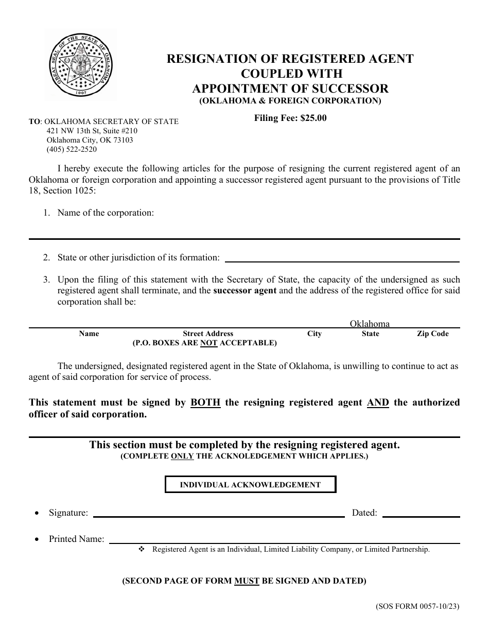 SOS Form 0057 Resignation of Registered Agent Coupled With Appointment of Successor (Oklahoma  Foreign Corporation) - Oklahoma, Page 1