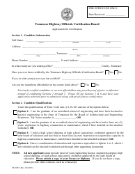 Document preview: Form SS-3091 Tennessee Highway Officials Certification Board Application for Certification - Tennessee