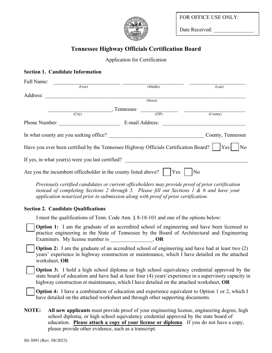 Form SS-3091 Tennessee Highway Officials Certification Board Application for Certification - Tennessee, Page 1