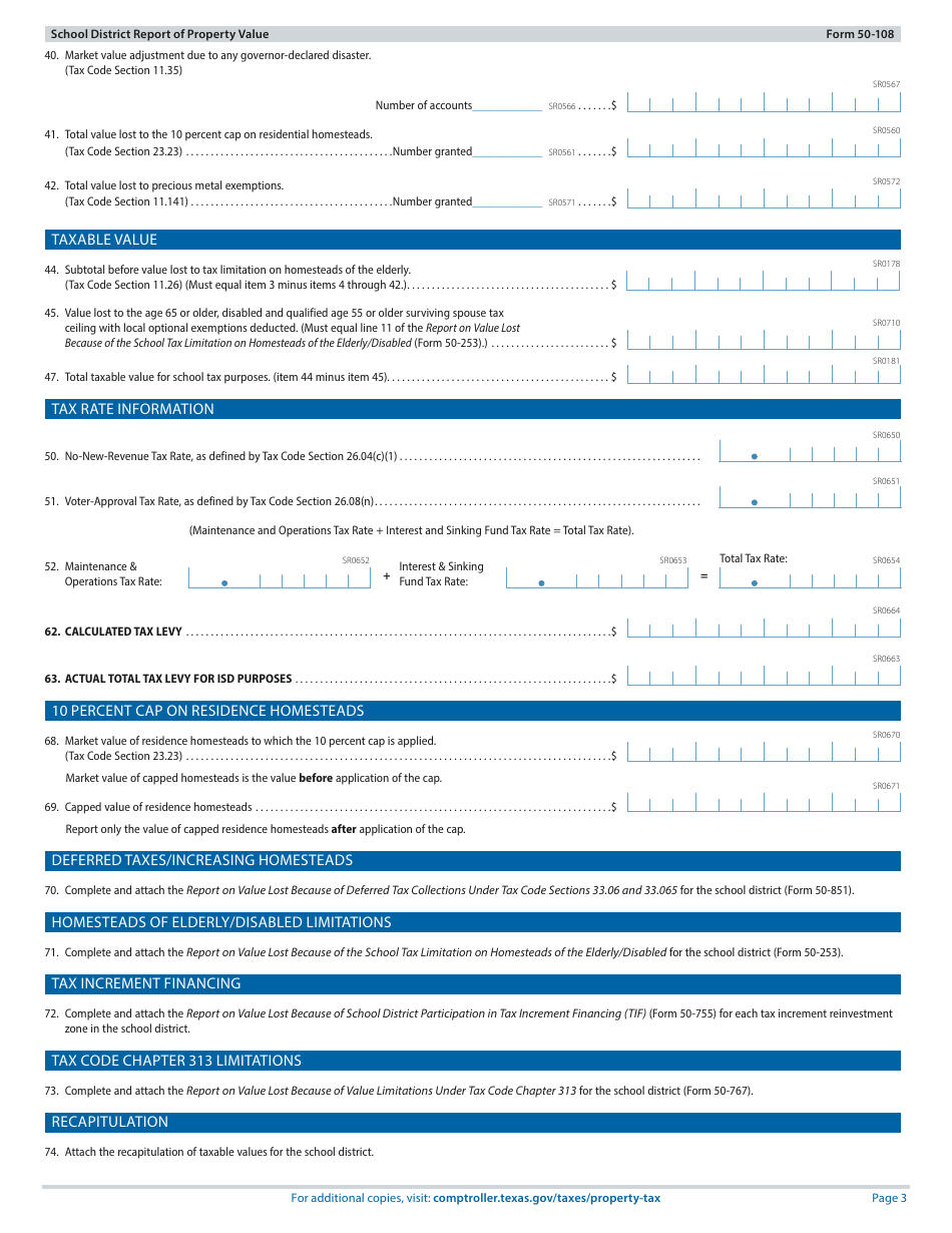 Form 50-108 School District Report of Property Value - Texas, Page 3