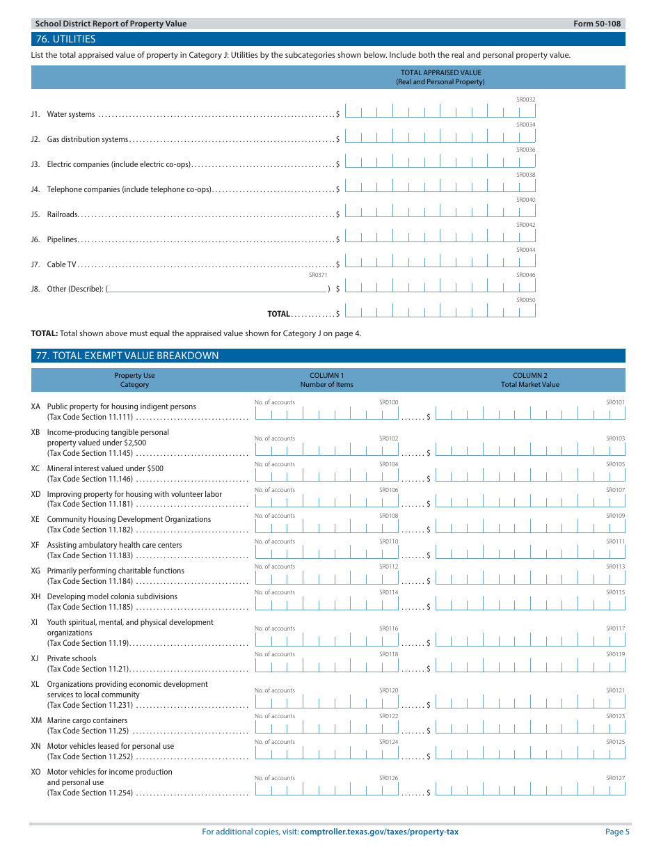 Form 50-108 School District Report of Property Value - Texas, Page 5