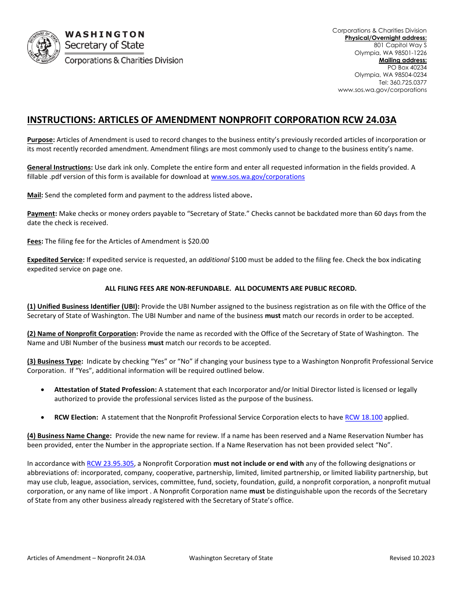 Articles of Amendment - Nonprofit Corporation - Washington, Page 1