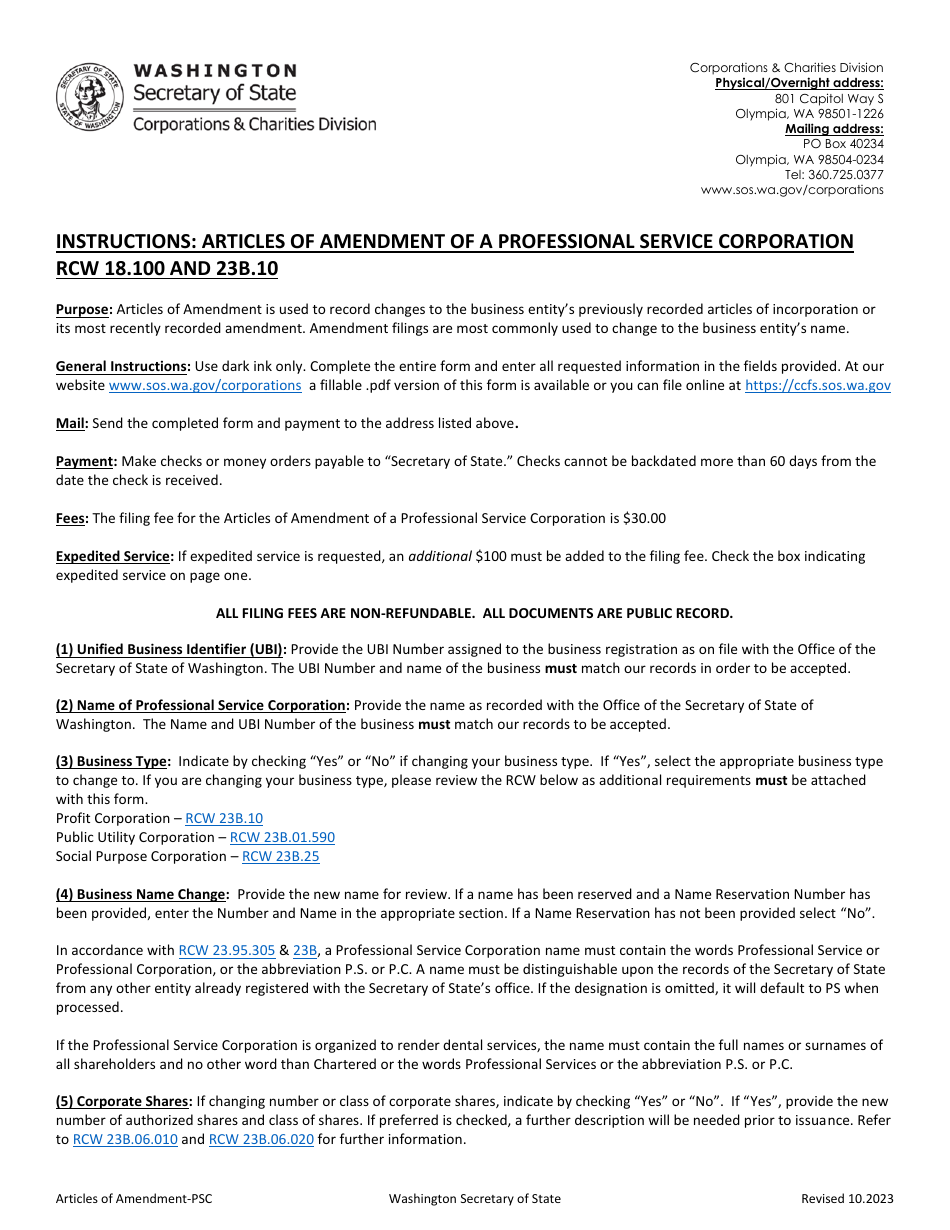 Articles of Amendment - Professional Service Corporation - Washington, Page 1