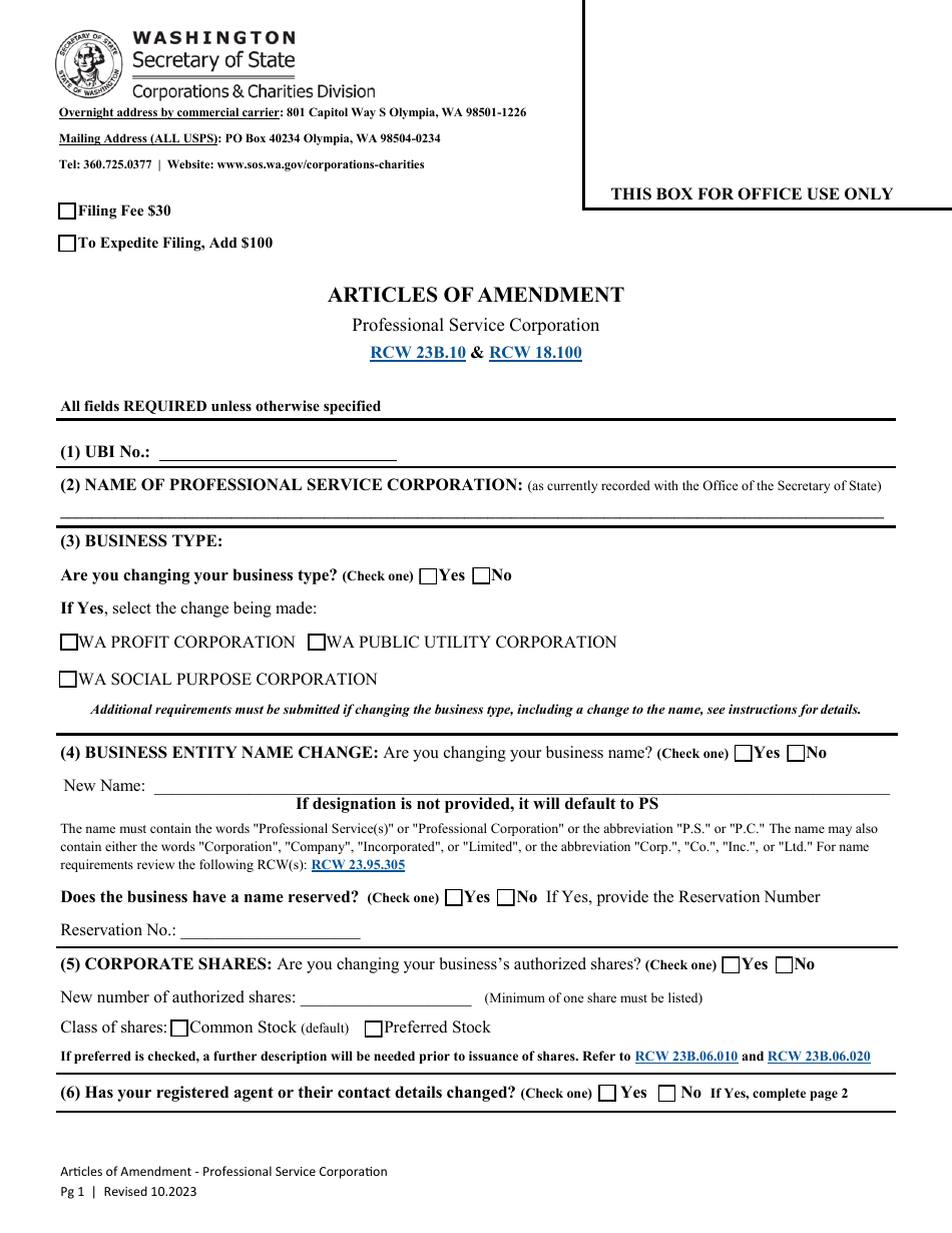 Articles of Amendment - Professional Service Corporation - Washington, Page 3