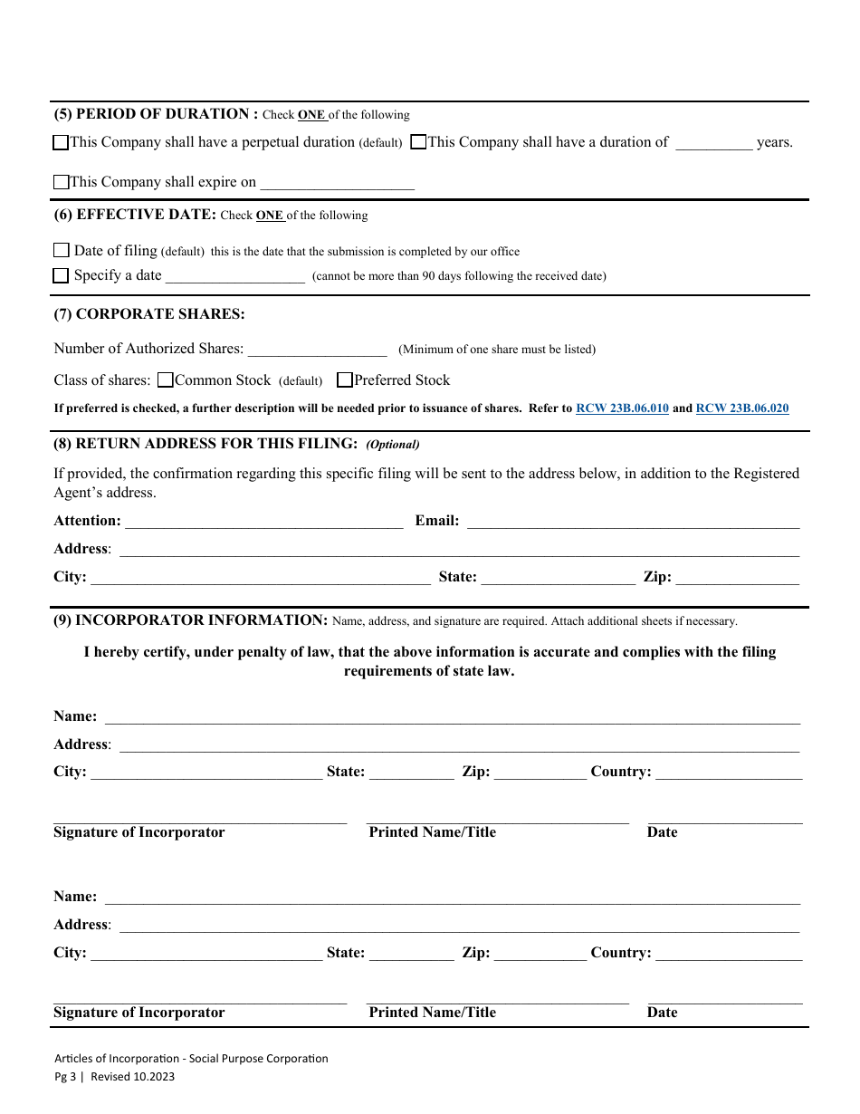Articles of Incorporation - Social Purpose Corporation - Washington, Page 5