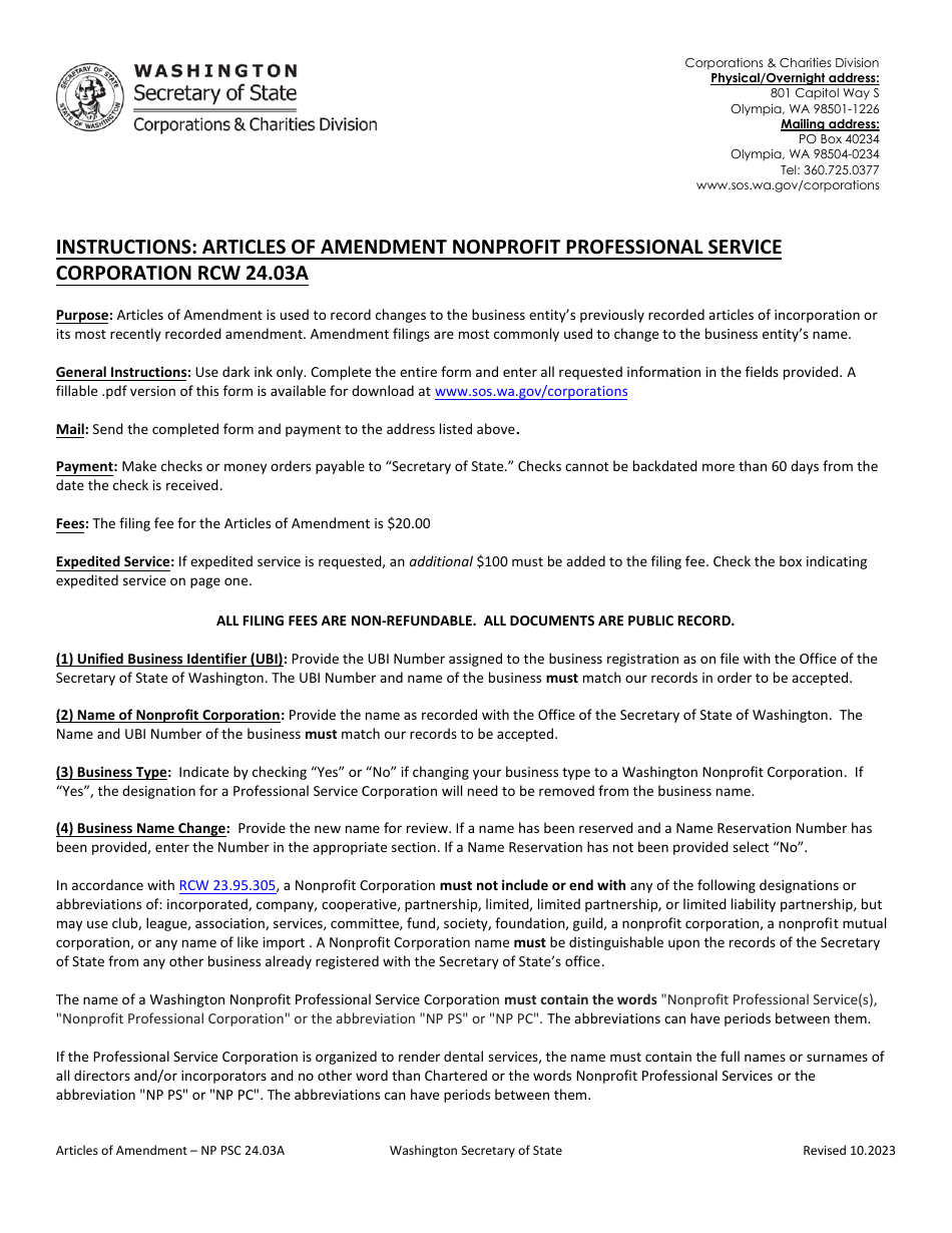 Articles of Amendment - Nonprofit Professional Service Corporation - Washington, Page 1